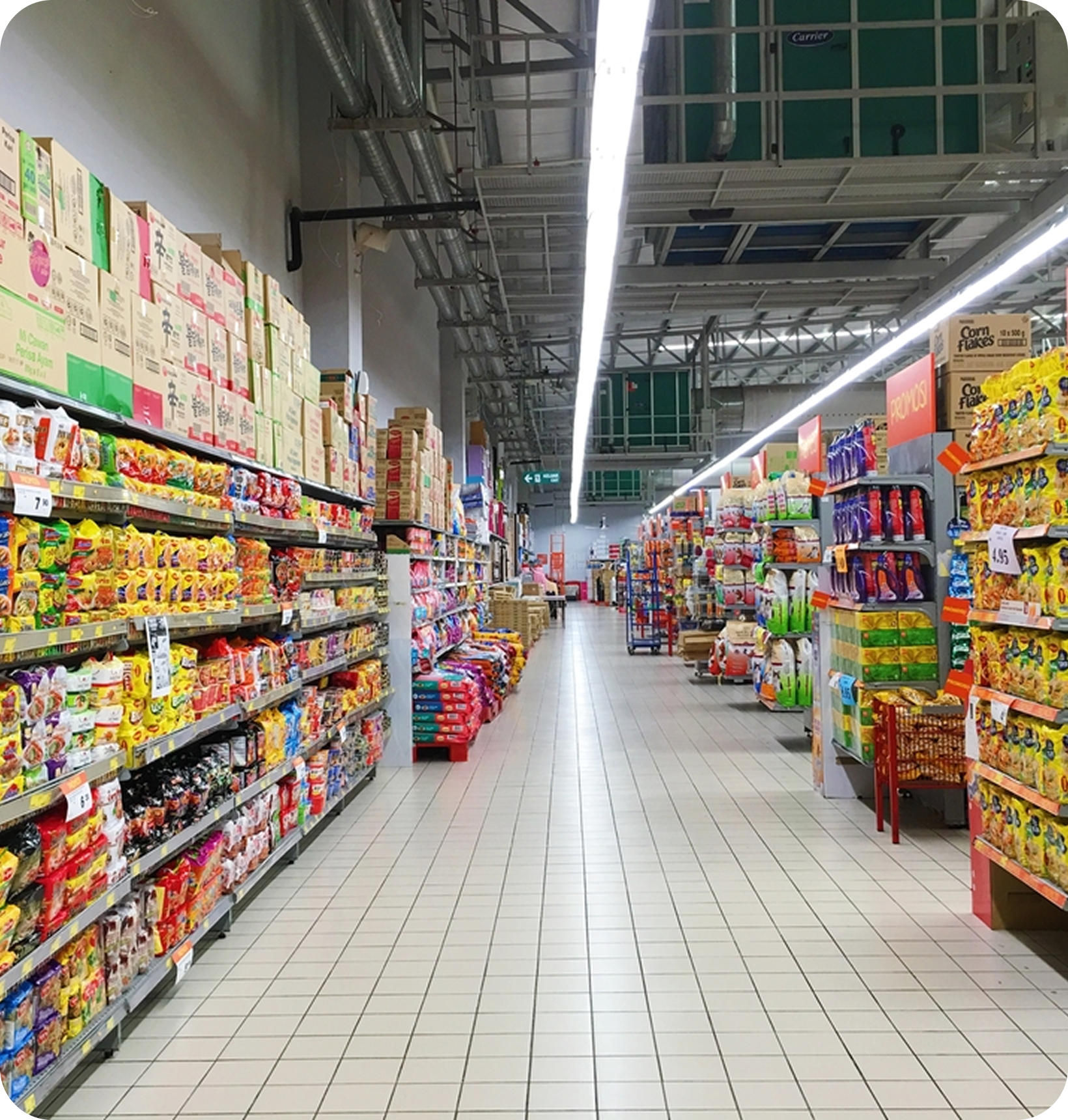 Retail store aisle with stocked shelves